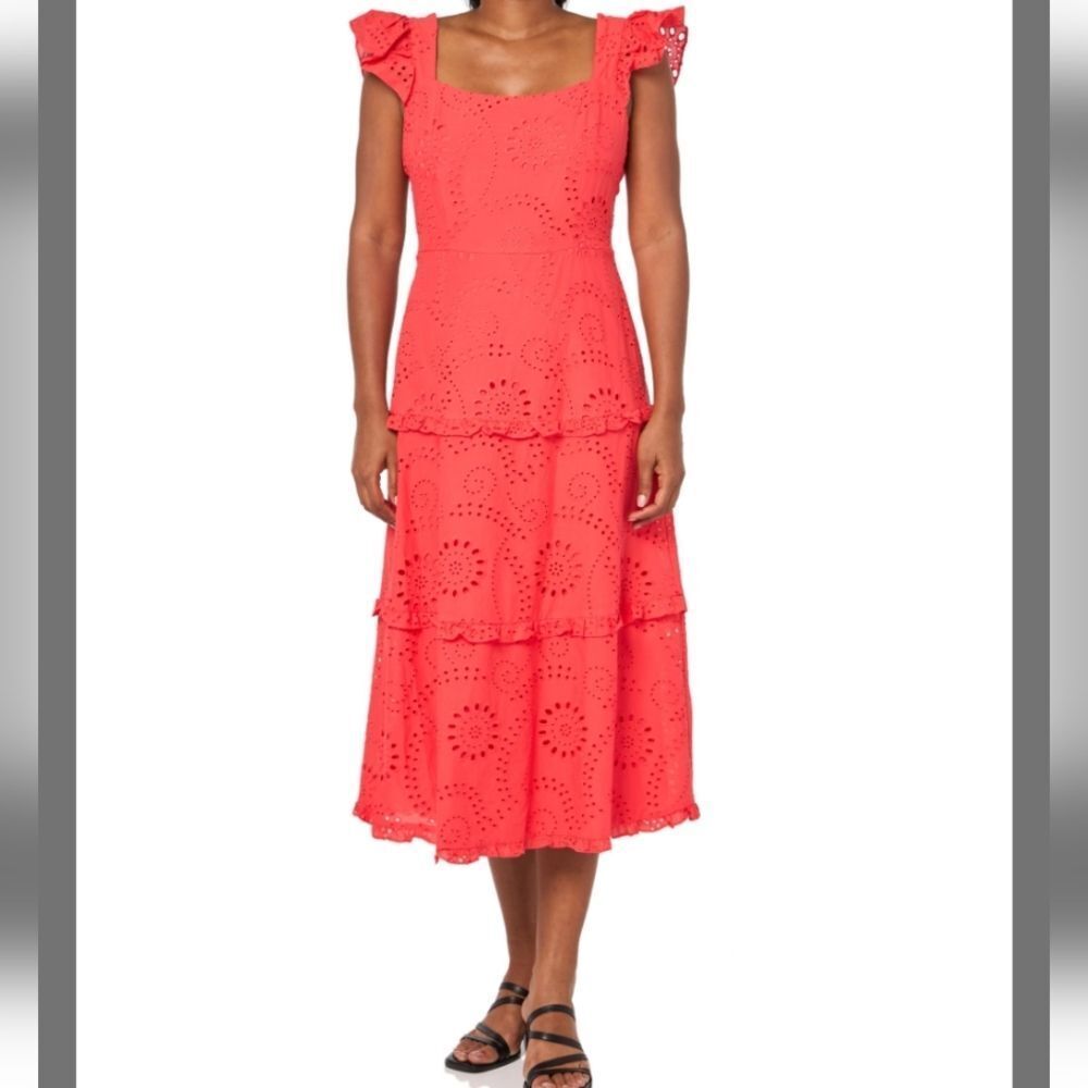 NWT Anne Klein Midi Eyelet Dress Hibiscus Red Tiered Shirred Ruffle Sleeve - 14